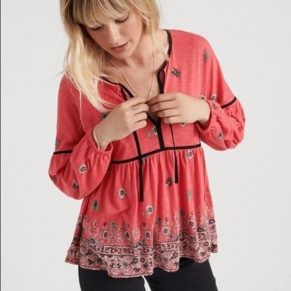 Lucky Brand Coral Pink Floral Peasant Top - Picture 3 of 14